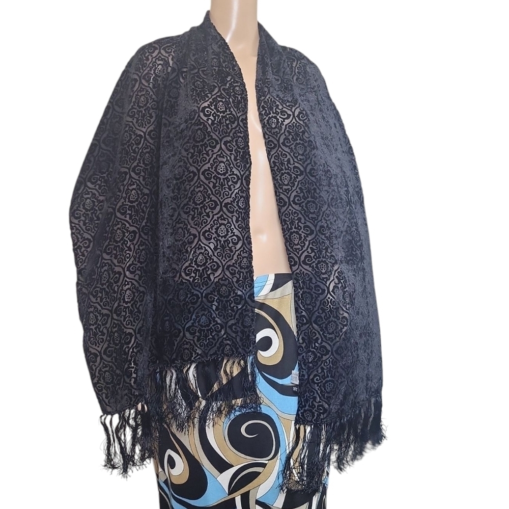 Vintage Medallion Fringe Velvet Sheer Scarf Shawl Wrap - Picture 1 of 3